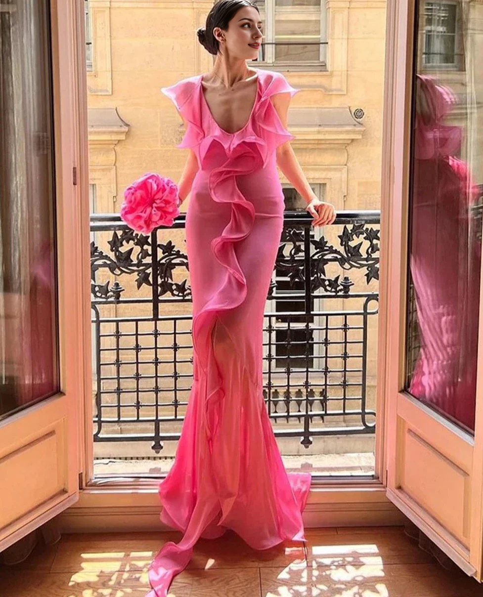 Pink Ruffle Layer Flower Mermaid Floor Length Dress Deep V Neck Mermaid Evening Dress