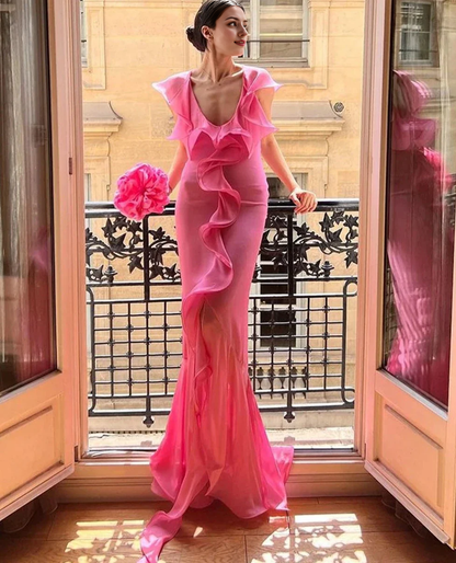 Pink Ruffle Layer Flower Mermaid Floor Length Dress Deep V Neck Mermaid Evening Dress