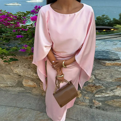 Pink Satin Maxi Dress Batwing Sleeves Evening Dress Round Neck Floor Length Prom Dress