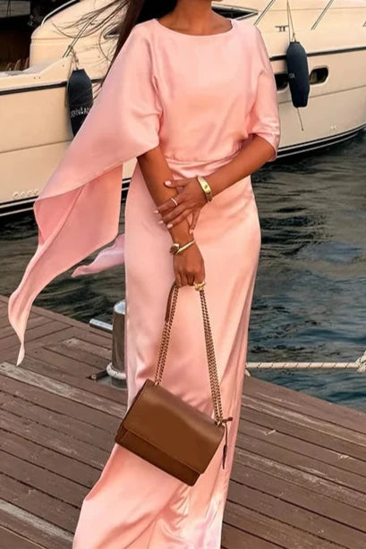 Pink Satin Maxi Dress Batwing Sleeves Evening Dress Round Neck Floor Length Prom Dress