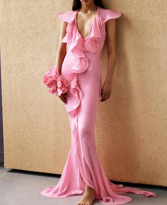 Pink Ruffle Layer Flower Mermaid Floor Length Dress Deep V Neck Mermaid Evening Dress