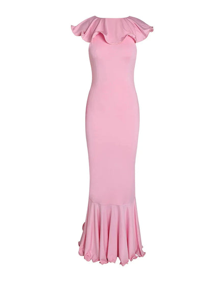 Pink Ruffle Layer Flower Mermaid Floor Length Dress Deep V Neck Mermaid Evening Dress