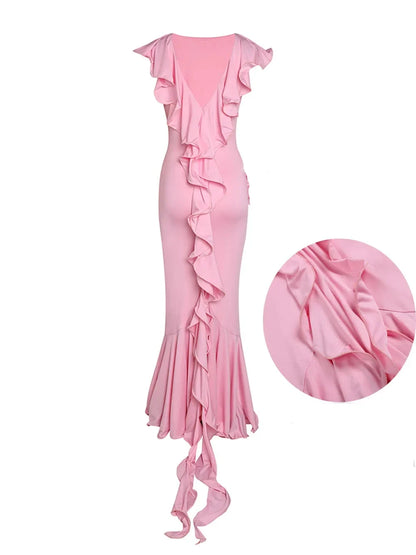 Pink Ruffle Layer Flower Mermaid Floor Length Dress Deep V Neck Mermaid Evening Dress
