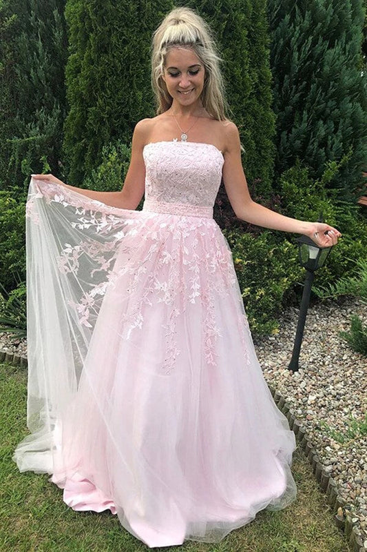Pretty A-Line Strapless Sleeveless Lace Up Floor-Length Prom Dress