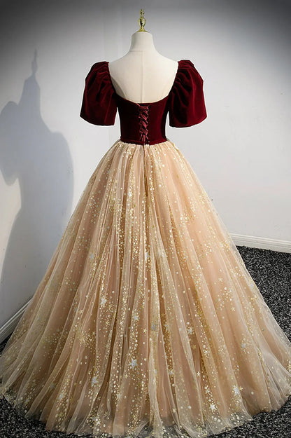 Pretty A-Line V-Neck Short Sleeve Lace Up Sweep/Brush Train Prom Dress