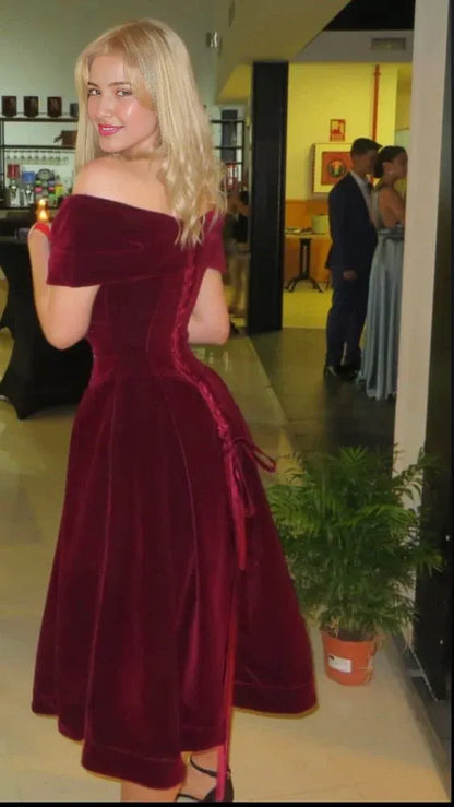 Xuewuba Dress Off The Shoulder A Line Burgundy Velvet Long Prom Dress Evening Dress Formal Women's Dresses
