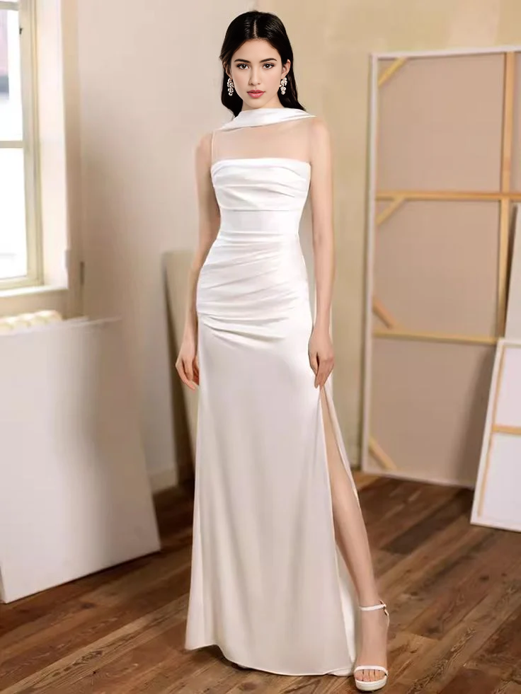 Xuewuba Dress White Sheath Strapless Long Prom Dresses Slit Birthday Outfits Formal Women's Dresses