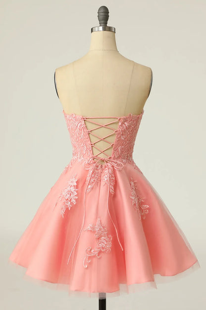 Xuewuba Formal Wear Dresses Blush Strapless Short Prom Dress with Appliques Prom Dress In Store