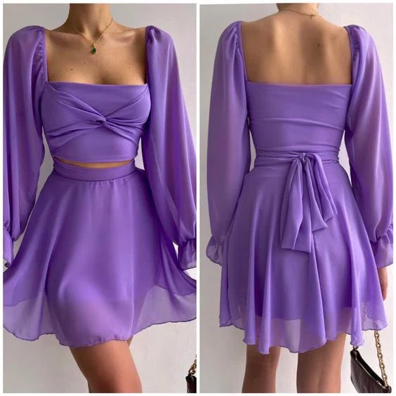 Long Sleeve Square Neck Short Prom Dress ﻿