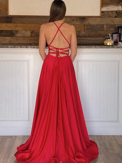 Simple Spaghetti Straps Long Prom Dresses With Slit