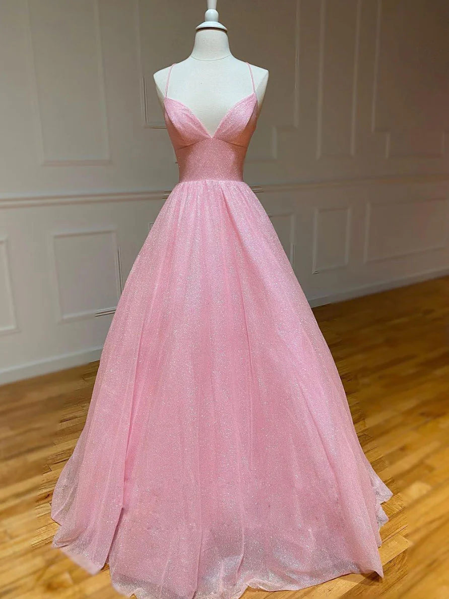 V Neck  A-line Sequin Tulle Prom Dress