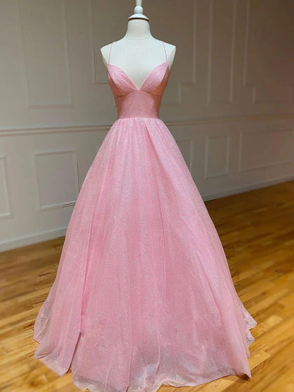 V Neck  A-line Sequin Tulle Prom Dress