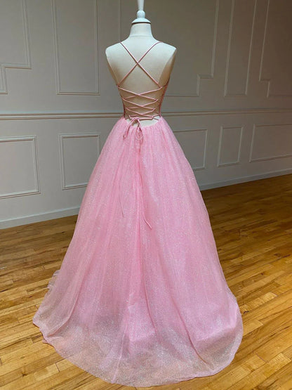 V Neck  A-line Sequin Tulle Prom Dress