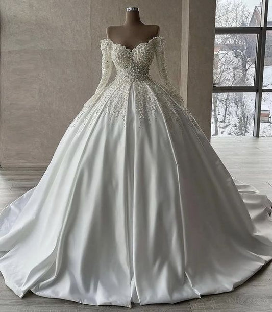 Off Shoulder Princess Ball Gown V Neck Lace Up Back Beaded Appliques Long Sleeve Wedding Dress