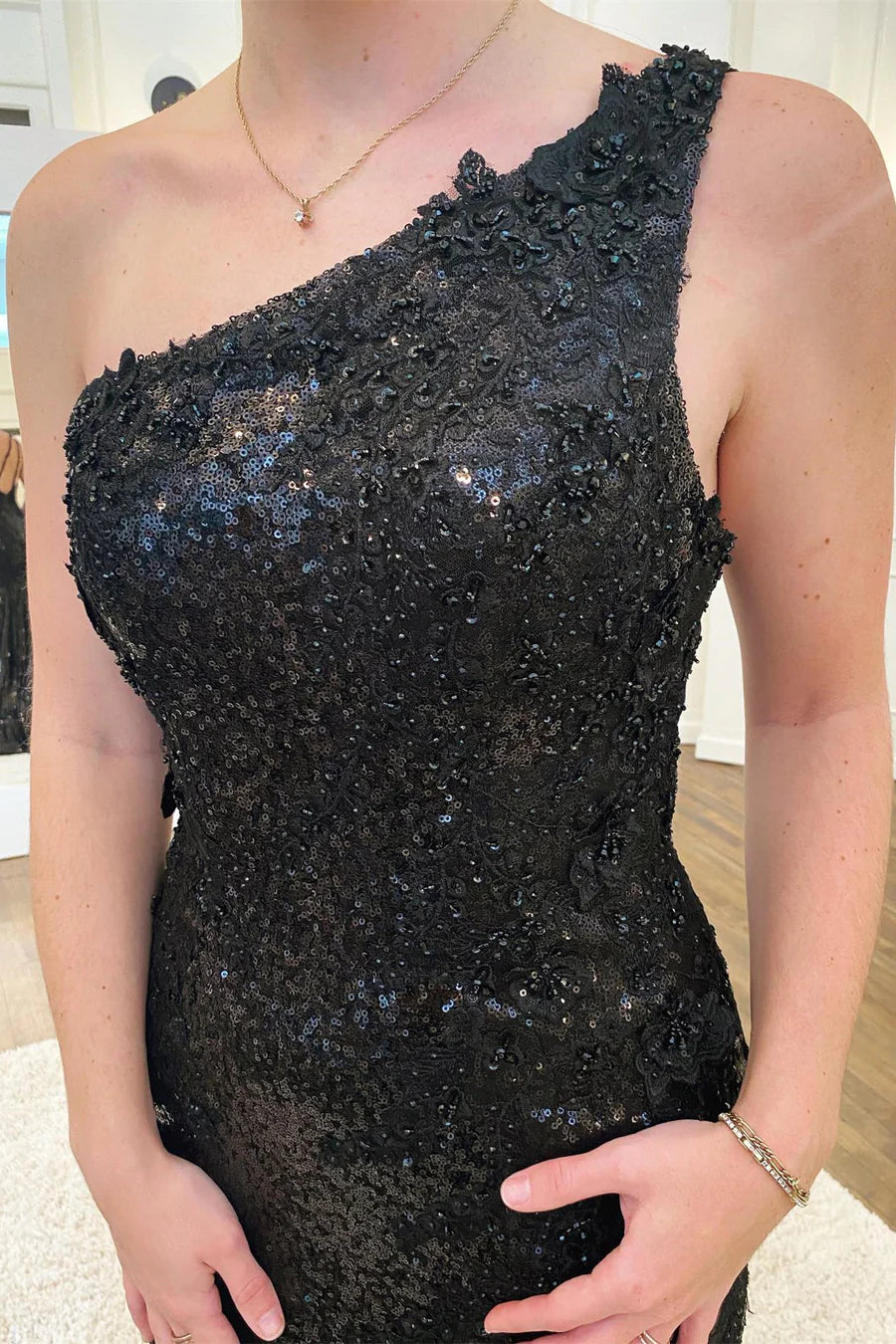 Sequin One-Shoulder Trumpet Prom Dress