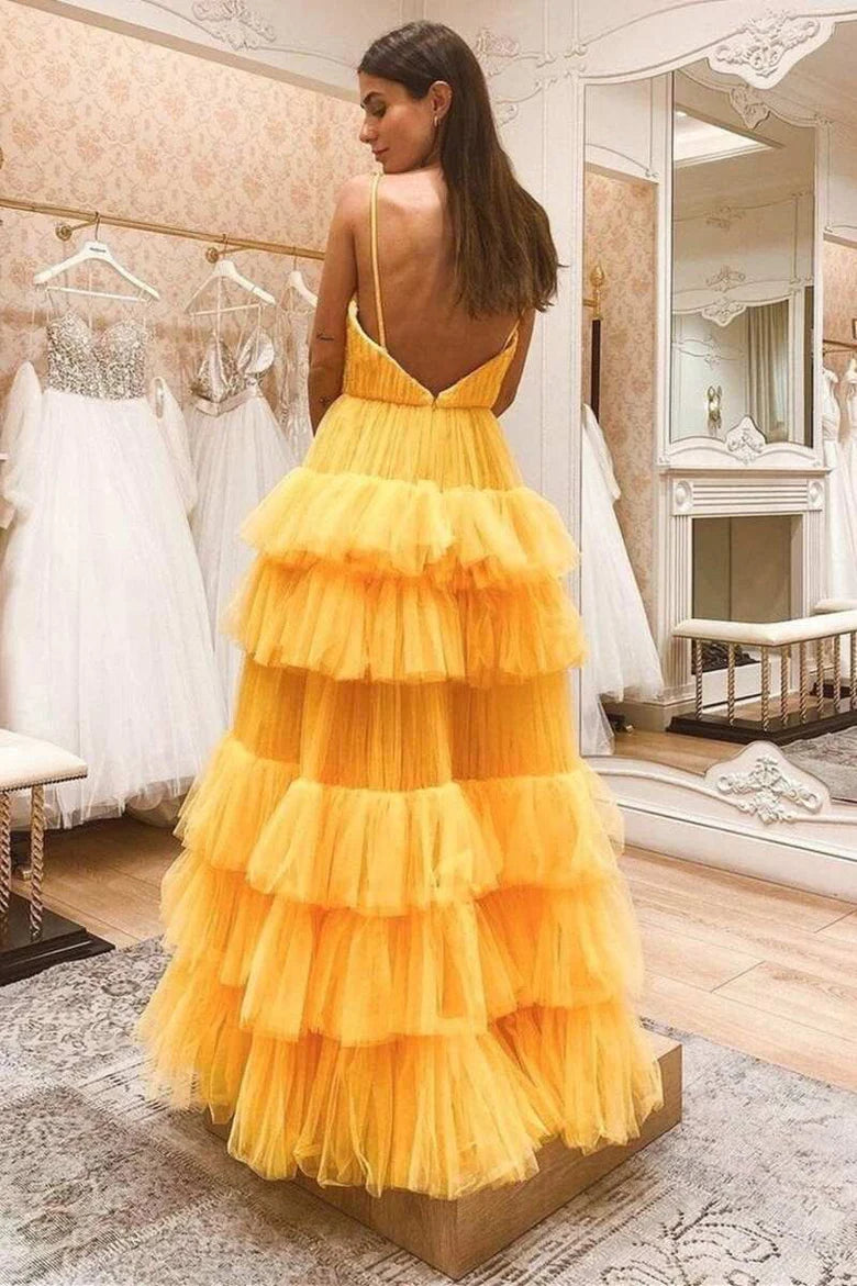 Princess Tiered Tulle Straps Backless Prom Dress