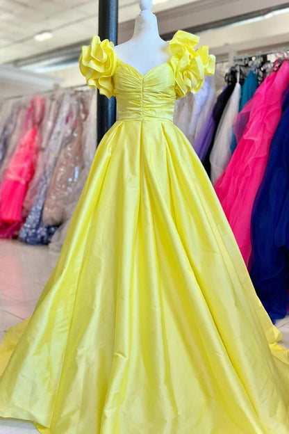 A-Line Off-the-Shoulder Ruffled Sleeve Prom Dress