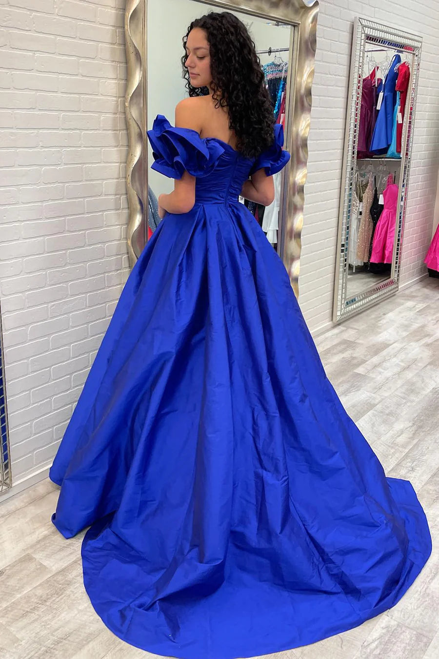 A-Line Off-the-Shoulder Ruffled Sleeve Prom Dress