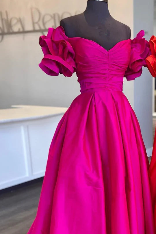 A-Line Off-the-Shoulder Ruffled Sleeve Prom Dress