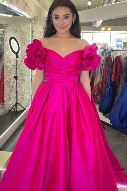 A-Line Off-the-Shoulder Ruffled Sleeve Prom Dress