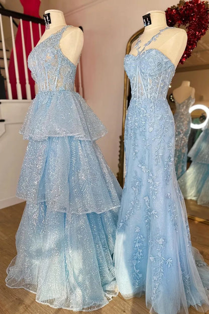 Xuewuba Formal Wear Dresses Princess A Line One Shoulder Blue Corset Prom Dress with Ruffles Prom Dresses Stores