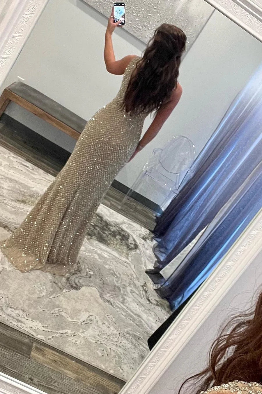 Beaded Deep V Neck Prom Dress with Slit