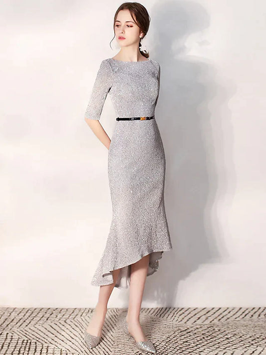 Cocktail Party Dress Jewel Neck Long Sleeve Tea Length Sequined with Sash Ribbon Sequin Ruffles