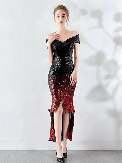 Cocktail Party Dress Off Shoulder Sleeveless Asymmetrical Sequined with Sequin