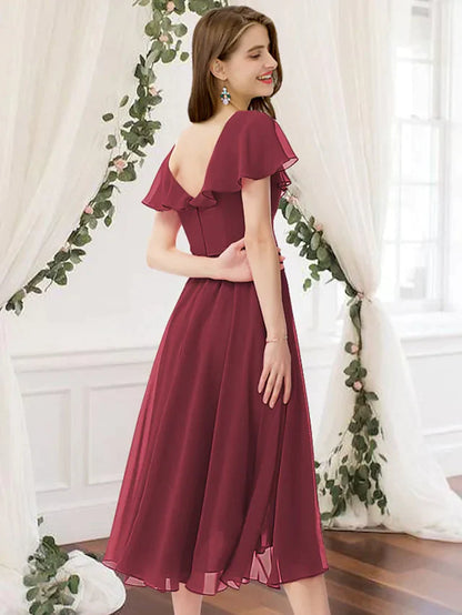 A-Line V Neck Knee Length Chiffon Bridesmaid Dress