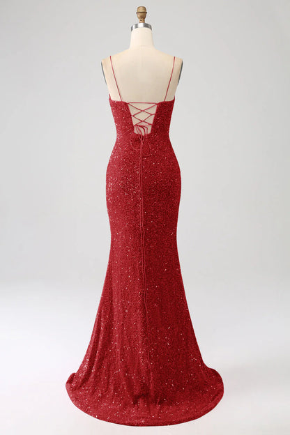 Sequins Mermaid Spaghetti Straps Long Prom Dress