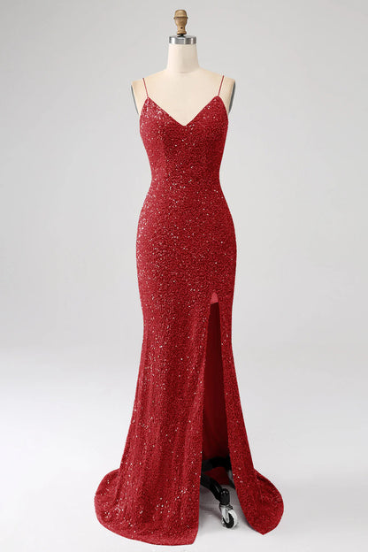 Sequins Mermaid Spaghetti Straps Long Prom Dress
