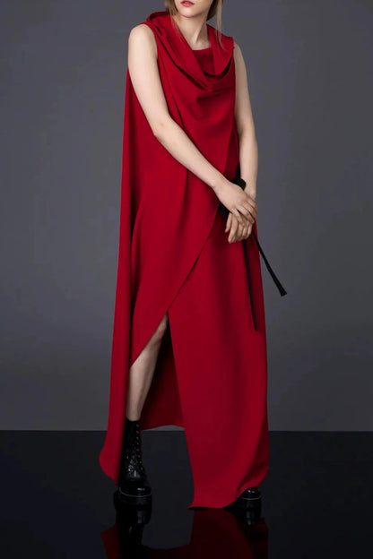 Red Elegant Cowl Neck  A-line Sleeveless Ankle Length  Prom Party Cocktail Dress With Slit