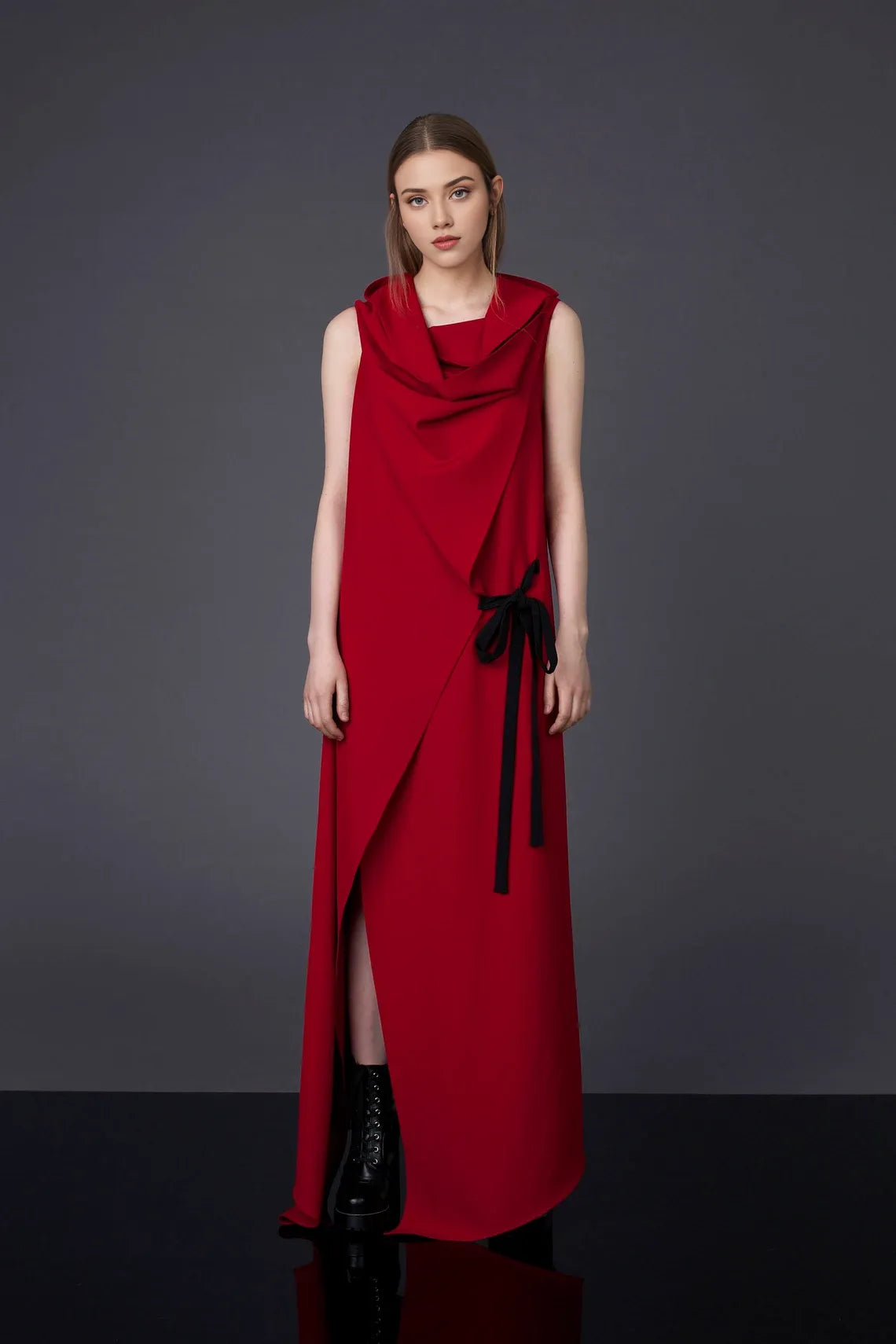 Red Elegant Cowl Neck  A-line Sleeveless Ankle Length  Prom Party Cocktail Dress With Slit