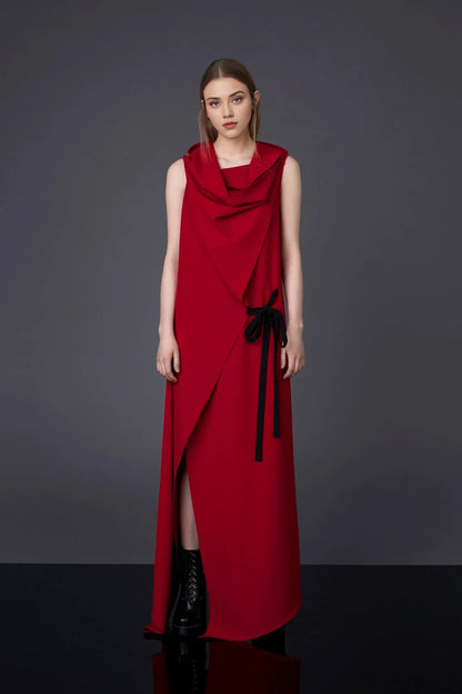 Red Elegant Cowl Neck  A-line Sleeveless Ankle Length  Prom Party Cocktail Dress With Slit