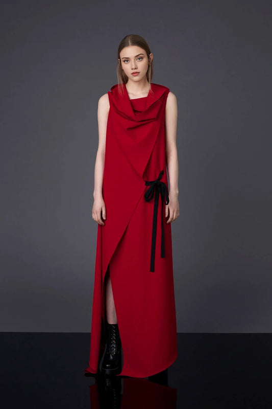 Red Elegant Cowl Neck  A-line Sleeveless Ankle Length  Prom Party Cocktail Dress With Slit