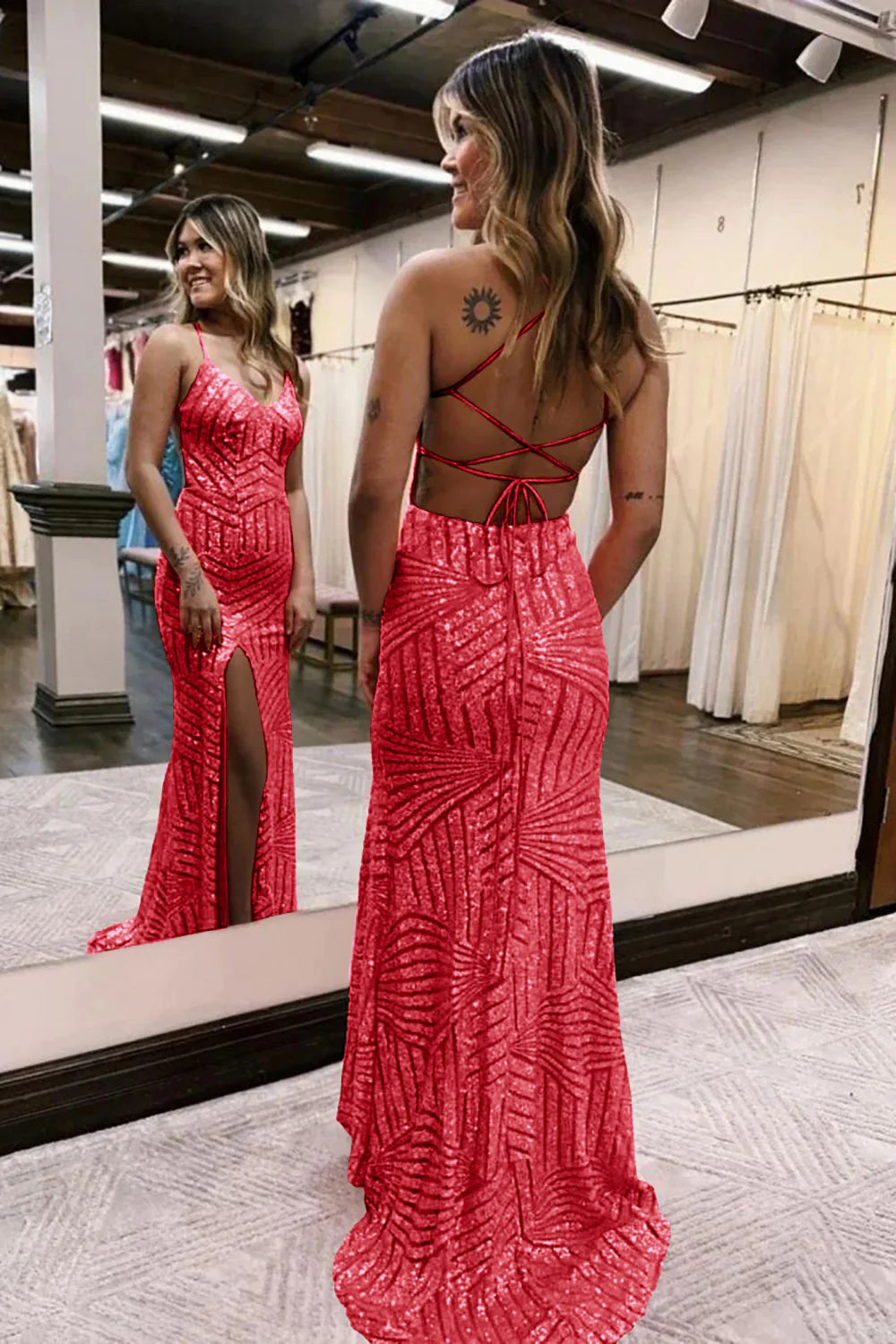 Sequins V-Neck Spaghetti Straps Prom Dress