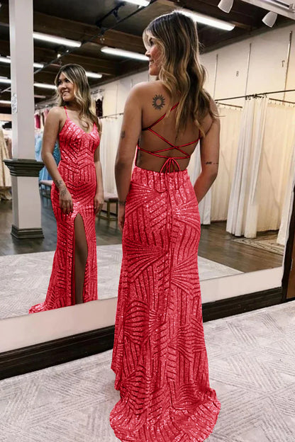 Sequins V-Neck Spaghetti Straps Prom Dress