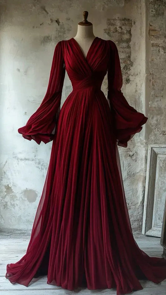 Romantic A-line V-neck Long-sleeve Ruched Burgundy Floor-length Prom Dress for Women Ready to Ship