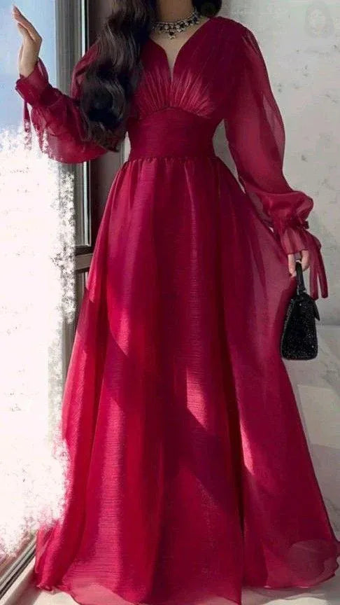 Romantic A-Line V Neck Sheer Puffed Burgundy Floor Length Prom Dress