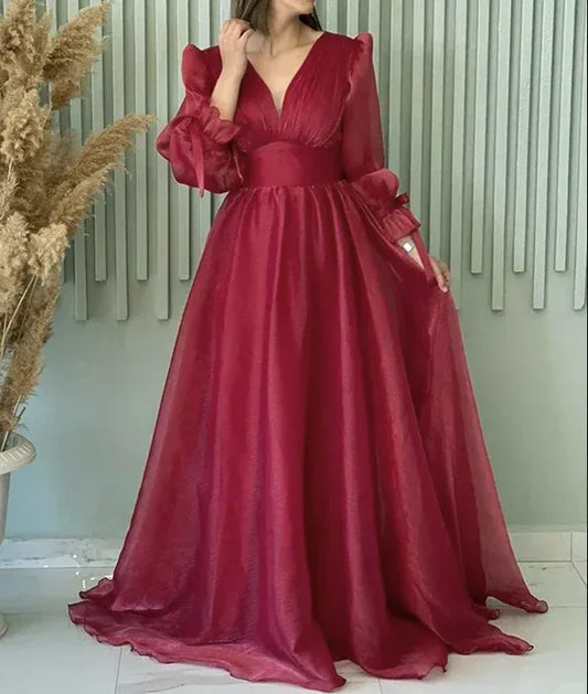 Romantic A-Line V Neck Sheer Puffed Burgundy Floor Length Prom Dress