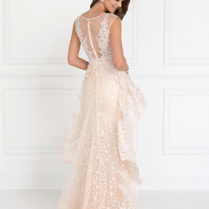 Round Neck Cute Long Dresses With Sheer Back With Lace Applique Prom Dress Mother Of The Bride Dress