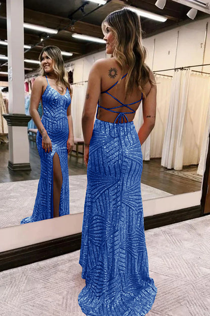 Sequins V-Neck Spaghetti Straps Prom Dress