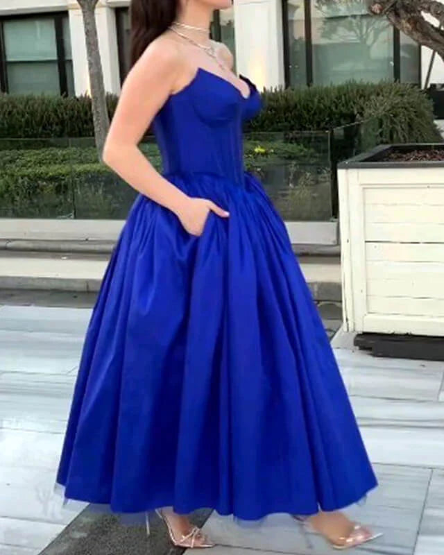 Royal Blue Strapless Corset Satin A-line Prom Dress ﻿