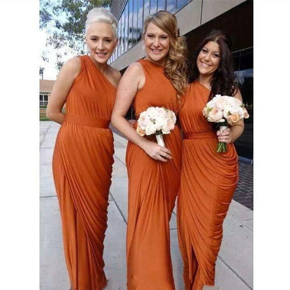 Ruffles Sheath Floor Length One Shoulder Rust Bridesmaid Dresses