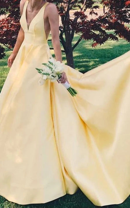 Satin Floor-length Court Train A Line Sleeveless Solid Formal Dress with Ruffles Prom Dress/Dress For Formal