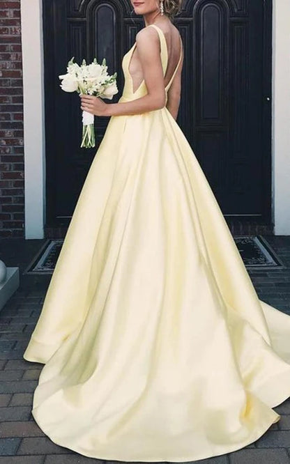 Satin Floor-length Court Train A Line Sleeveless Solid Formal Dress with Ruffles Prom Dress/Dress For Formal
