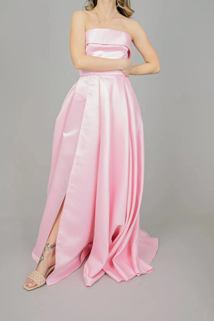Satin Off-the-Shoulder A-line Sleeveless Floor Length Prom Party Cocktail Dress With Slit