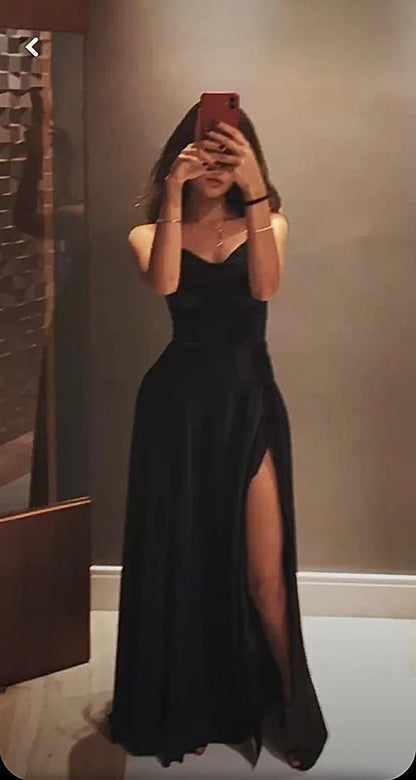 Sexy A Line Spaghetti Straps Sleeveless Lace-up Floor Length Slit Prom Dress