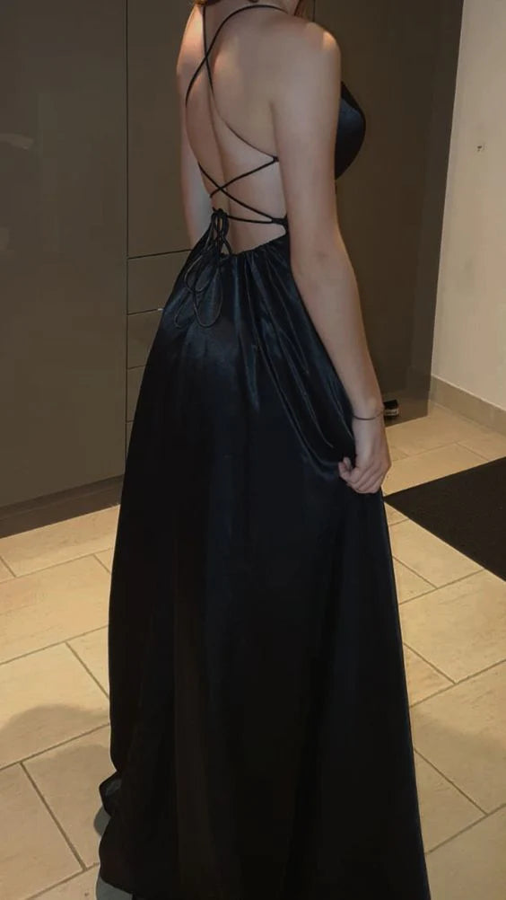 Sexy A Line Spaghetti Straps Sleeveless Lace-up Floor Length Slit Prom Dress