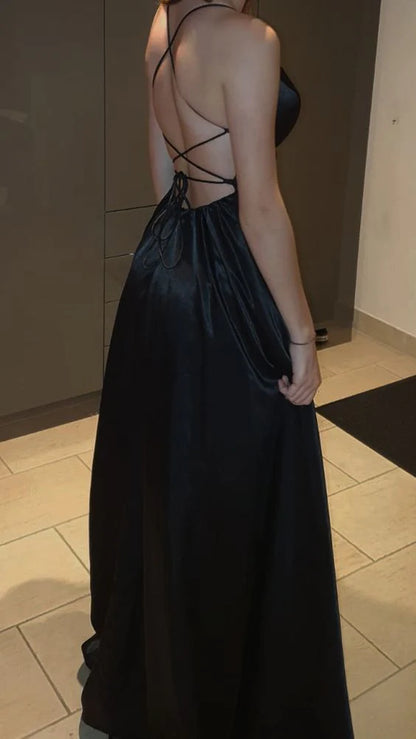 Sexy A Line Spaghetti Straps Sleeveless Lace-up Floor Length Slit Prom Dress